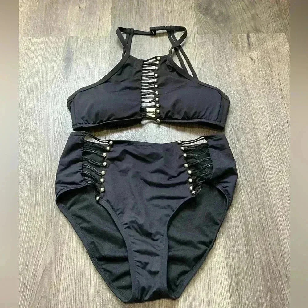 Kenneth Cole Two-Piece Bikini Swimsuit Black Strappy & Studded Small Vacation